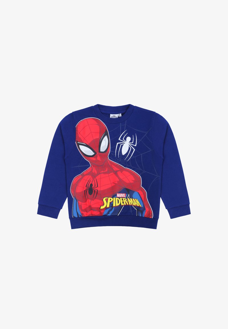 Blue pullover sweatshirt featuring a large print of Spider-Man in red, with spider web details and "MARVEL SPIDER-MAN" text at the bottom.