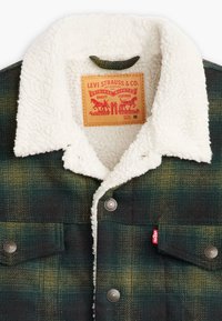 Giacca a quadri verde e nera con colletto in sherpa bianco, dotata di bottoni metallici e tasche frontali, etichettata "Levi Strauss & Co."