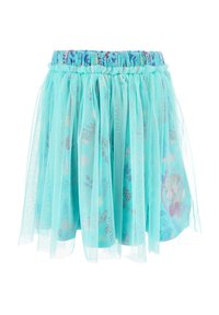 Tüllrock in helltürkis mit floralem Muster und elastischem Bund. Verfügt über geschichteten, durchsichtigen Stoff mit illustrierten Akzenten.
