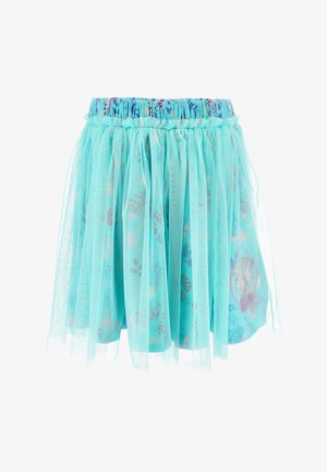 Tüllrock in helltürkis mit floralem Muster und elastischem Bund. Verfügt über geschichteten, durchsichtigen Stoff mit illustrierten Akzenten.