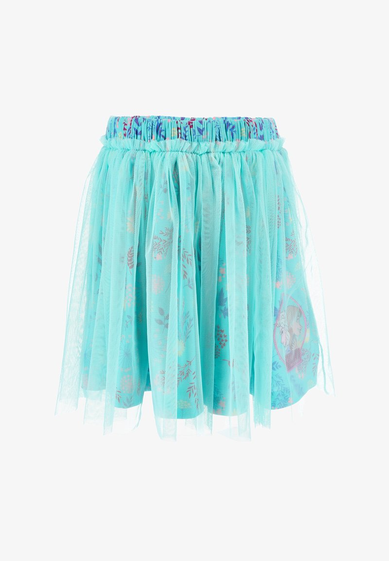 Tüllrock in helltürkis mit floralem Muster und elastischem Bund. Verfügt über geschichteten, durchsichtigen Stoff mit illustrierten Akzenten.