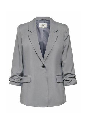 Veste femme gris clair avec col cranté, fermeture par un bouton noir, manches longues froncées et deux poches avant à rabat.