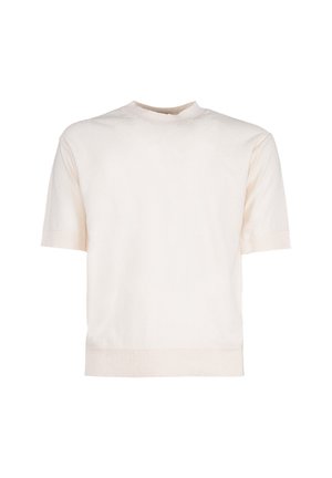 Kremowy sweter z krótkim rękawem, z prążkowanym okrągłym dekoltem, mankietami i dołem, prezentowany na białym tle.