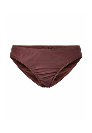 Culottes de bikini marron sans coutures, taille basse, finition lisse et taille élastique étroite, présentées à plat sur un fond blanc.