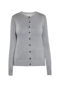 Grauer Cardigan mit langen Ärmeln, Rundhalsausschnitt und braunen Knöpfen auf der Vorderseite. Mit gerippten Bündchen und Saum, aus einem weichen Material hergestellt.