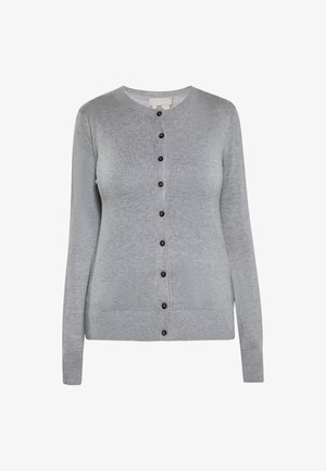 Grå cardigan med lange ærmer, rund hals og brune knapper ned foran. Har ribbede manchetter og kant, lavet af et blødt materiale.