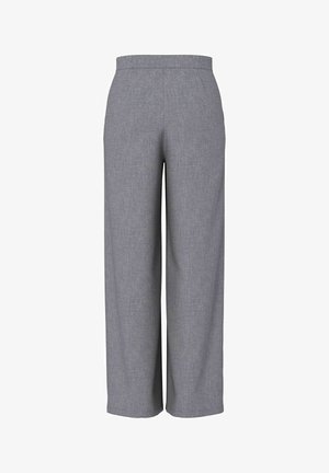 Sive široke hlače ravnog kroja od teksturiranog materijala, sa glatkim pojasom i prednjim naborima, završene na gležnjevima.