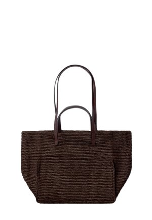 Sac cabas tissé brun foncé avec deux poignées courtes et deux longues en cuir, présenté sur fond blanc.
