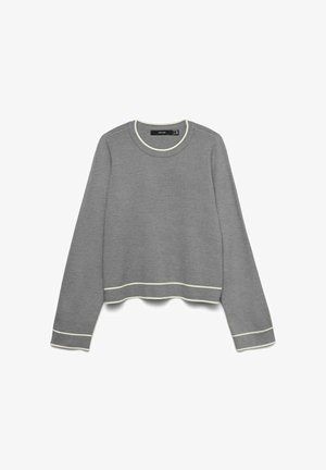 Grå sweatshirt med rund halsudskæring, lange ærmer og kontrasterende lys gul kant ved krave og manchetter. Kort model.