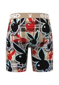Men's boxer briefs with beige, red, and black plaid pattern featuring large black and red Playboy bunny logos.