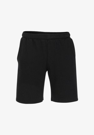 Pantalones cortos con cintura elástica negra y bolsillos laterales, hasta la rodilla, hechos de tela suave, adecuados para uso casual y actividades.
