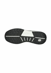 Schwarze Gummisohle von Turnschuhen mit weißen Akzenten. Verfügt über ein strukturiertes Profilmuster für Grip und Stabilität, mit einem Logo an der Seite.