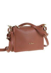 Borsa a tracolla in pelle marrone con texture, zipper dorata, tracolla regolabile e piccolo logo dorato sulla parte anteriore.