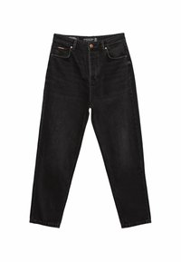 Jeans negros de talle alto hechos de denim, con cierre de botón, diseño de cinco bolsillos, corte recto y sutil desgaste en la tela.