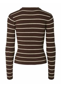 Maglione marrone a coste con righe orizzontali crema. Presenta maniche lunghe e una forma aderente. Collo rotondo, design semplice senza decorazioni.