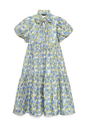 Robe mi-longue à manches courtes avec imprimé floral bleu, col à volants avec lien à trou de serrure, et jupe à volants froncée sur fond blanc.