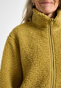 Persona sorridente con lunghi capelli grigi, che indossa una giacca a zip in pile giallo con una texture, inquadrata su parte superiore del torso e volto.