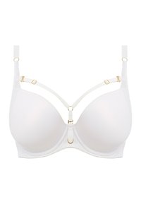 Witte beha met gladde cups, verstelbare bandjes en accenten in goudkleur. Heeft een uniek bandontwerp in het midden.