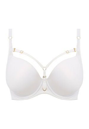 White bra with smooth cups, adjustable straps, and gold-tone hardware accents. Features a unique strap design at the center.