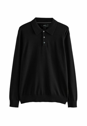 Black long-sleeve polo shirt made of soft knit fabric, featuring a classic collar and three button placket, with a fitted waistband.