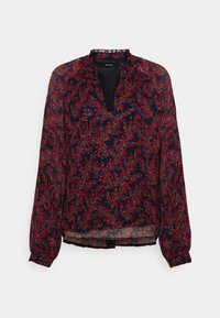 Blusa a maniche lunghe in tessuto trasparente blu navy con un motivo floreale in rosso e verde. Presenta un collo a V e polsini arricciati. Design leggero e fluido.