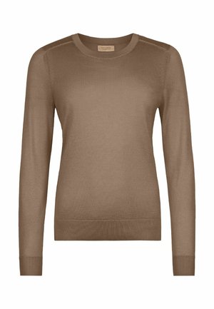 Bruine gebreide trui met lange mouwen en ribgebreide ronde hals, boorden en zoom, met een klein beige merkje binnenin de kraag.