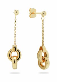 Ohrringe im goldfarbenen Design mit hängenden, verknüpften kreisförmigen Elementen, einer Kettenverbindung und einer glänzenden Oberfläche. Schmetterlingsverschlüsse sichern das Design.