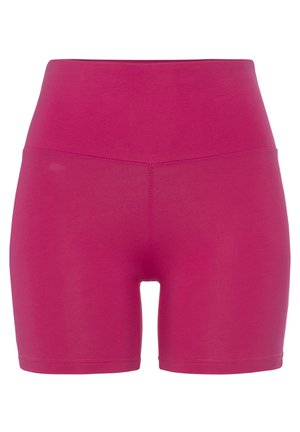 Fuchsia, high-waisted active shorts made of stretchy fabric; features a smooth texture and a mid-thigh length design.