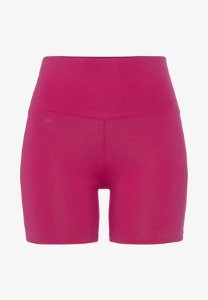 Fuchsia, high-waisted active shorts made of stretchy fabric; features a smooth texture and a mid-thigh length design.
