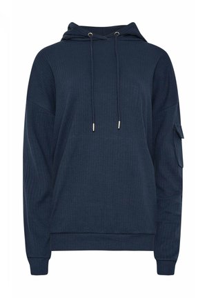 Navyblauwe hoodie met ribbelstructuur, trekkoord halslijn en zijzakdetails. Voorzien van elastische manchetten en onderrand.