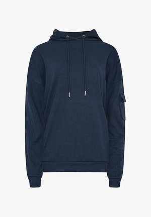 Navyblauwe hoodie met ribbelstructuur, trekkoord halslijn en zijzakdetails. Voorzien van elastische manchetten en onderrand.