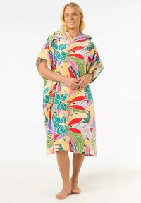Couverture de plage à capuche avec un motif de feuilles tropicales colorées. Fabriquée en matériau doux, à coupe loose avec des manches courtes, design mi-long.