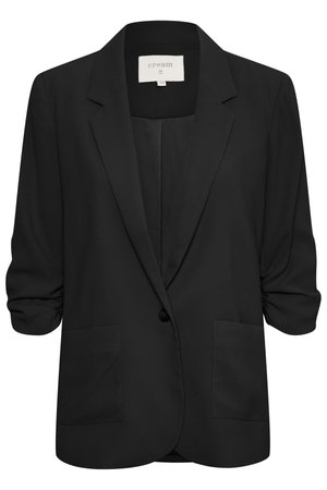 Blazer noir au design structuré, avec des manches retroussées, deux poches avant et une fermeture à un bouton. Fabriqué en tissu lisse.