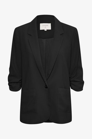 Must mustriga disainiga must bleiser, millel on üles keritud varrukad, kaks esikotid ja ühe nupuga kinnitamine. Valmistatud siledast kangast.