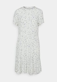 Kukallinen mekko lyhyillä hihoilla, pyöreällä kaula-aukolla ja väljähelmaisella hameella. Vaalea tausta, jossa sinisiä kukkia. Pehmeä kangastekstuuri.