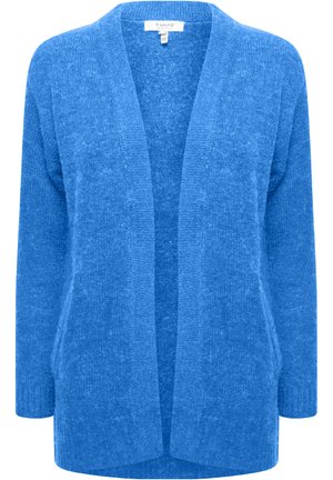 Cardigan blu con maniche lunghe, apertura frontale e motivo a maglia testurizzato. Materiale morbido e design fino ai fianchi. Senza chiusure o decorazioni.