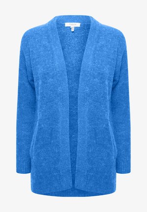 Blauwe cardigan met lange mouwen, open voorkant en een geweven textuurpatroon. Zacht materiaal en een heuplengte ontwerp. Geen sluitingen of versieringen.