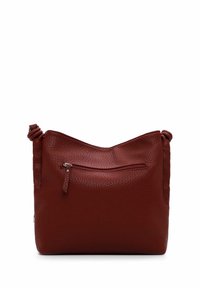 Sac à main en cuir rouge avec une finition texturée, comportant une poche zippée à l'avant et une seule bandoulière réglable.