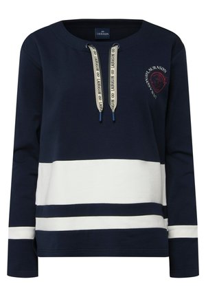 Felpa a maniche lunghe blu navy con righe orizzontali bianche, scollatura con cordoncino e dettaglio logo ricamato sul petto. Materiale misto cotone.