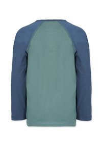 Langarmshirt mit Raglanschnitt. Vorderseite ist grün, die Ärmel sind navyblau. Glatte Baumwollstruktur mit flachen Nähten. Keine sichtbaren Grafiken.