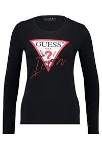 Czarna longsleeve z okrągłym dekoltem. Zawiera czerwone trójkątne logo z napisem "GUESS U.S.A." oraz błyszczący tekst "Icon" w różowym kolorze.