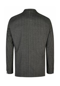 Charcoalgrijze blazer met subtiele verticale strepen, op maat gemaakt ontwerp, lange mouwen, notch-kraag en knoopmanchetten. Soepele textuur.