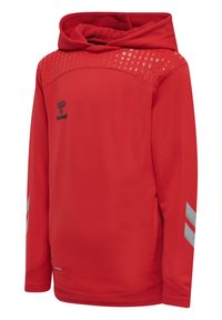 Rote Kapuzensweatshirt aus strukturiertem Stoff. Verfügt über ein Mesh-Panel an den Schultern und reflektierende graue Streifen an den Ärmeln.