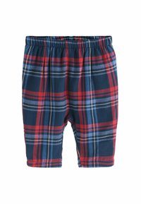 Rutte shorts lavet af blød stof; har røde, blå og hvide tern; elastisk talje; knælangt design; ingen yderligere udsmykninger.