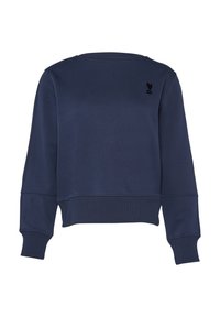 Navyblauwe cropped sweatshirt van zachte stof. Kenmerken zijn een ronde hals, lange mouwen en een klein zwart hartlogo op de borst.