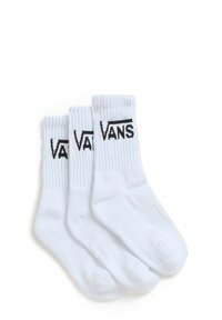 Hvide crew sokker i en pakke med tre, med ribbede manchetter og et sort "VANS" logo trykt foran. Glat tekstur, lavet af bomuldsblanding.