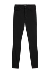 Jean skinny noir en denim, avec une fermeture à bouton, des passants de ceinture, cinq poches et une texture de tissu lisse et robuste.