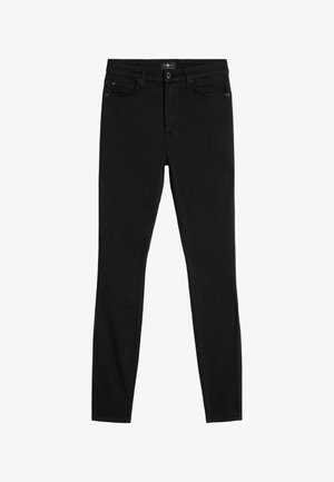 Czarne, obcisłe dżinsy wykonane z denimu, z zapięciem na guzik, szlufkami na pasek, pięcioma kieszeniami i gładką, solidną fakturą materiału.