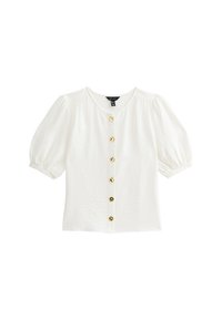 Witte blouse met korte mouwen van textiel met structuur, ronde halslijn en zeven goudkleurige knopen aan de voorkant. Licht gepofte mouwen.