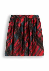 Czerwona i czarna spódnica w kratę z elastycznym pasem, z ukośnymi i pionowymi liniami. Materiał wydaje się miękki o marszczonej fakturze.